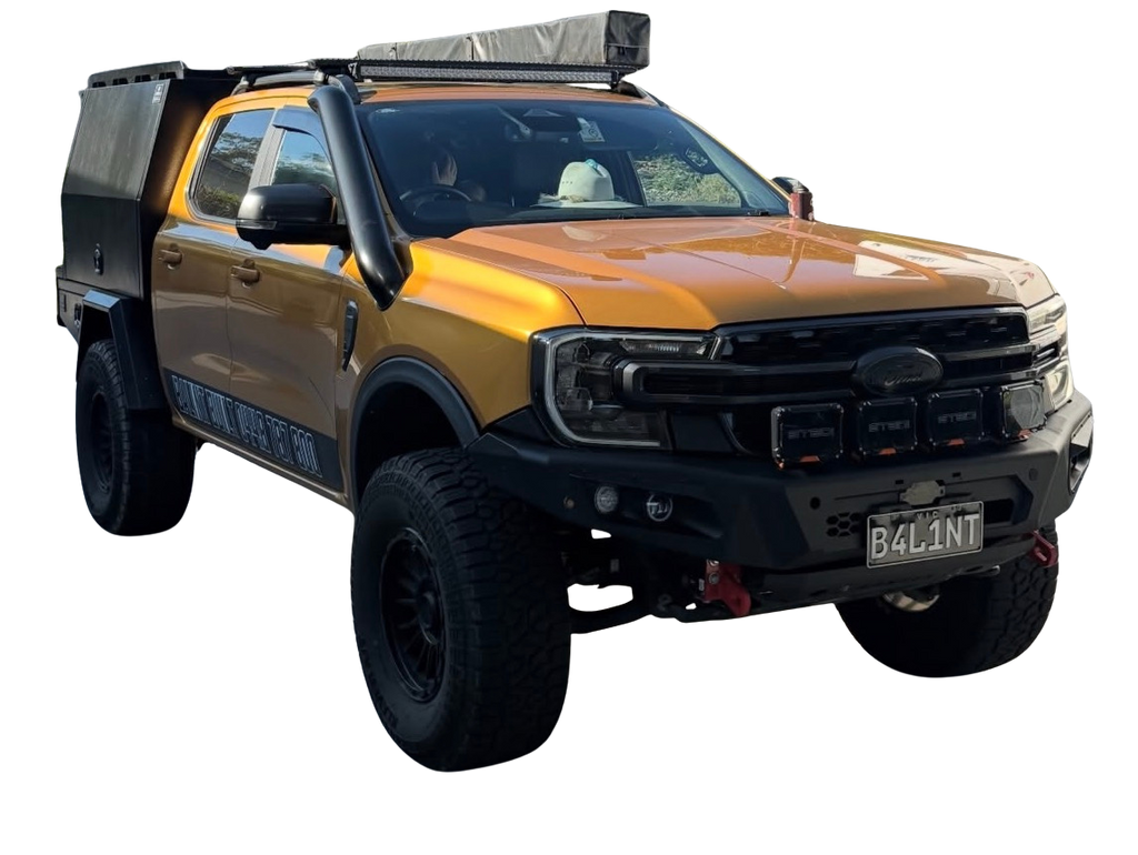 Ford Next-Gen Ranger with light bar and Canna Fabrication stainless snorkel — front three-quarter view